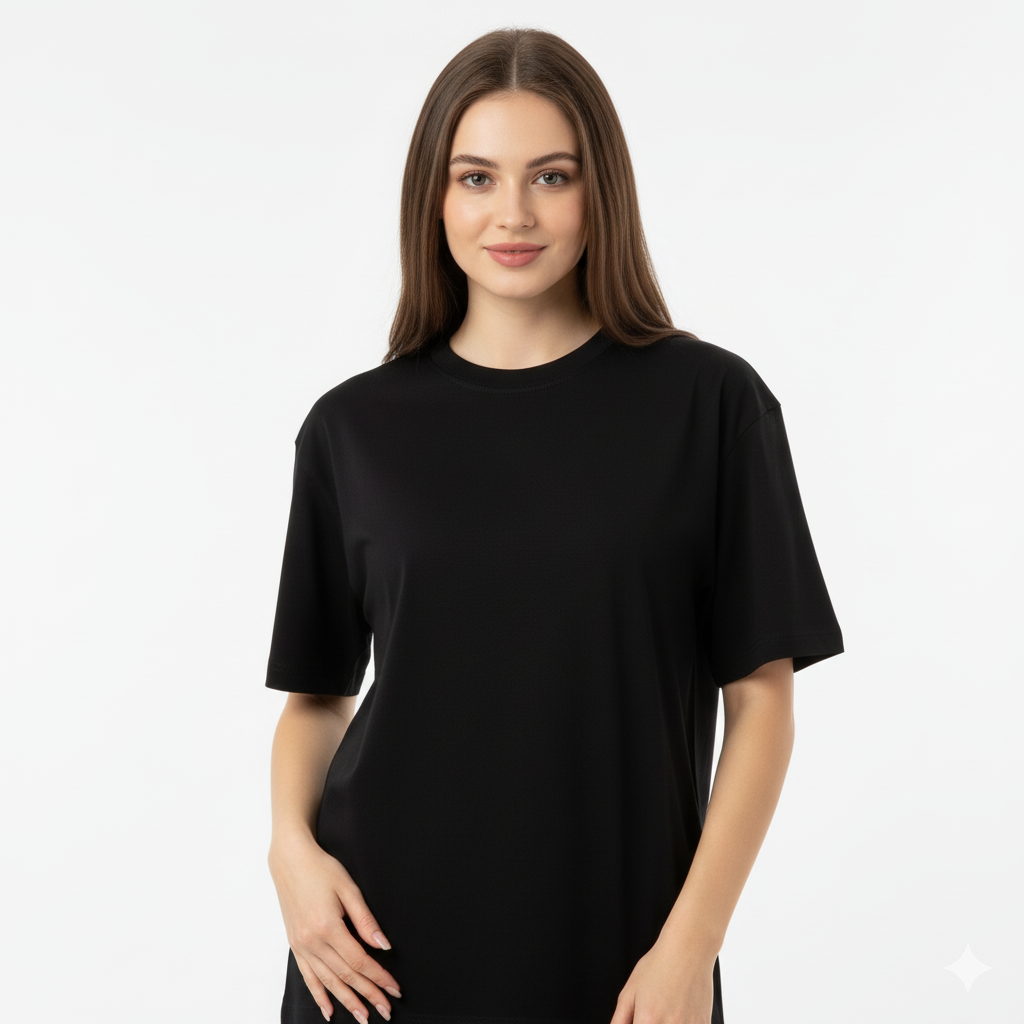 Black Cotton Terry Oversized Tee with Stylish blue polka dot Bow Print