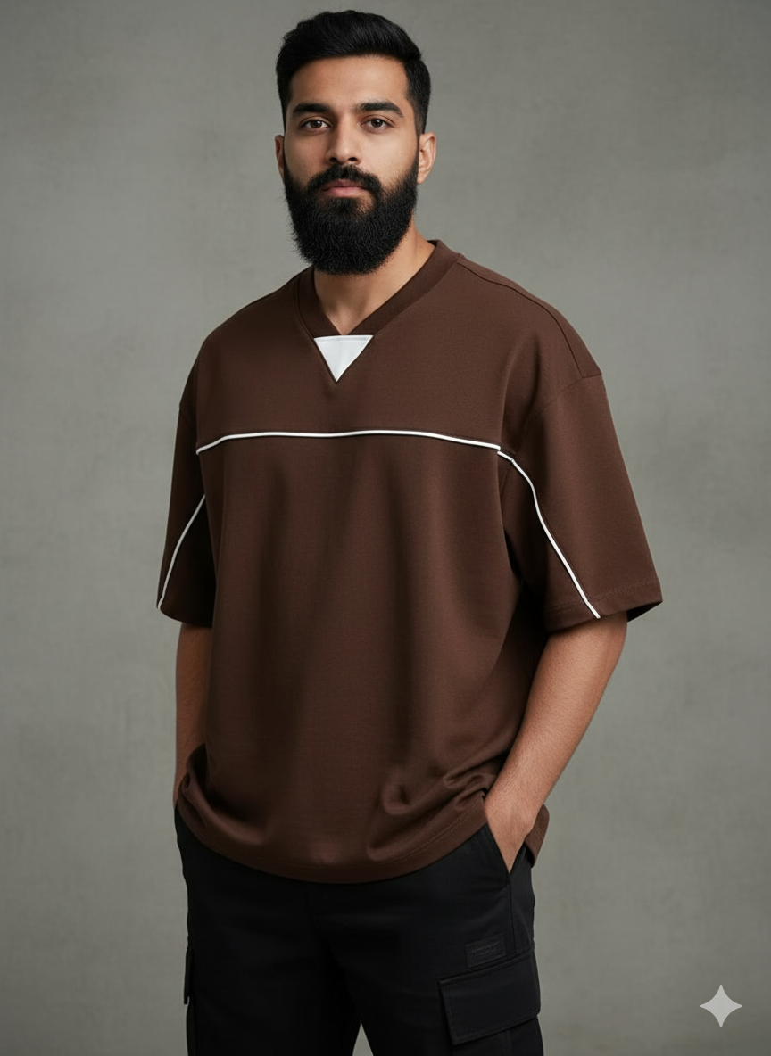 Oversized V-Neck Panel T-Shirt for Men – Streetwear Comfort & Style