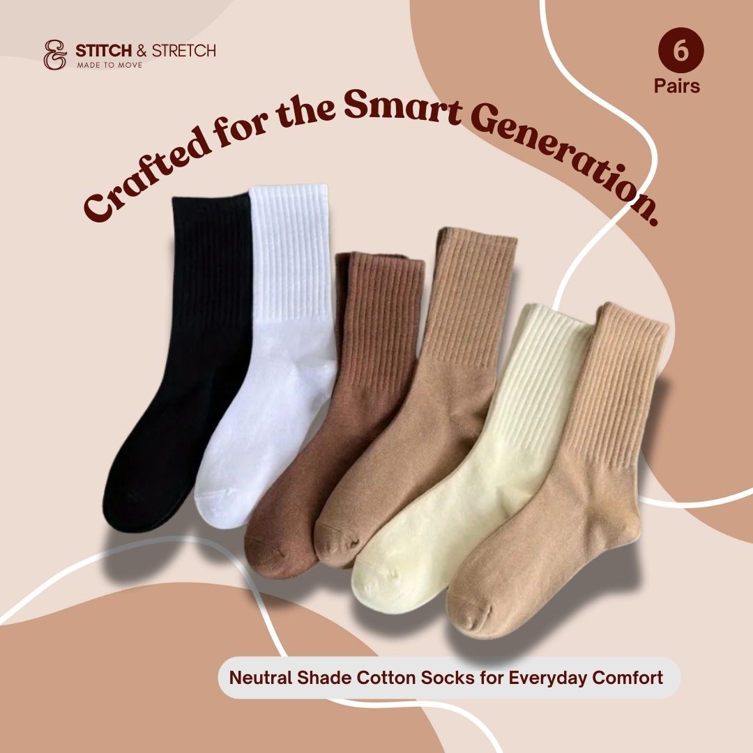 Crew Socks for Men & Women, Plain Winter Socks, Ribbed Cuffs, Soft Cotton Blend, Breathable & Warm, Daily Wear Socks for Office, Home & Travel (Pack of 6)