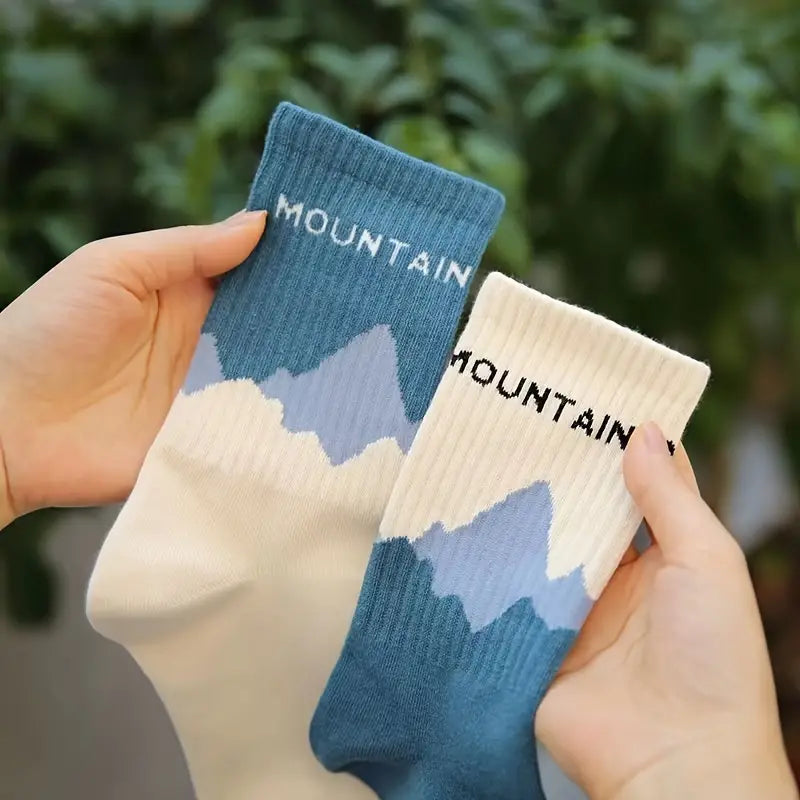 Crew Socks for Men & Women, Mountain Art Design Socks, Ribbed Cuffs, All-Season Breathable Cotton Blend, Casual Outdoor Sportswear Socks, Mountain-Themed Crew Socks