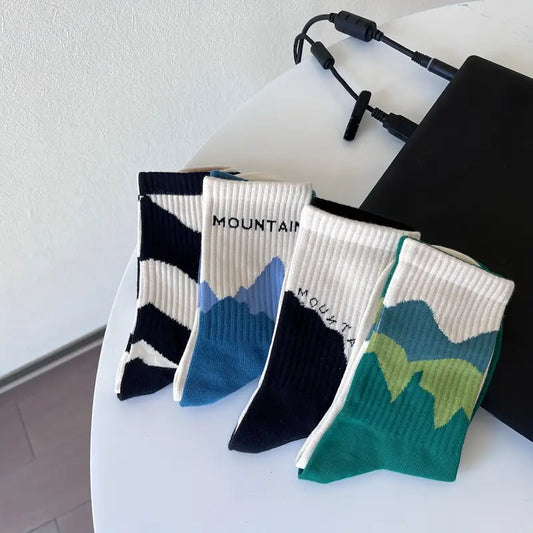 Crew Socks for Men & Women, Mountain Art Design Socks, Ribbed Cuffs, All-Season Breathable Cotton Blend, Casual Outdoor Sportswear Socks, Mountain-Themed Crew Socks