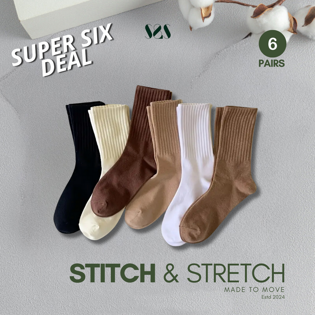 Crew Socks for Men & Women, Plain Winter Socks, Ribbed Cuffs, Soft Cotton Blend, Breathable & Warm, Daily Wear Socks for Office, Home & Travel (Pack of 6)