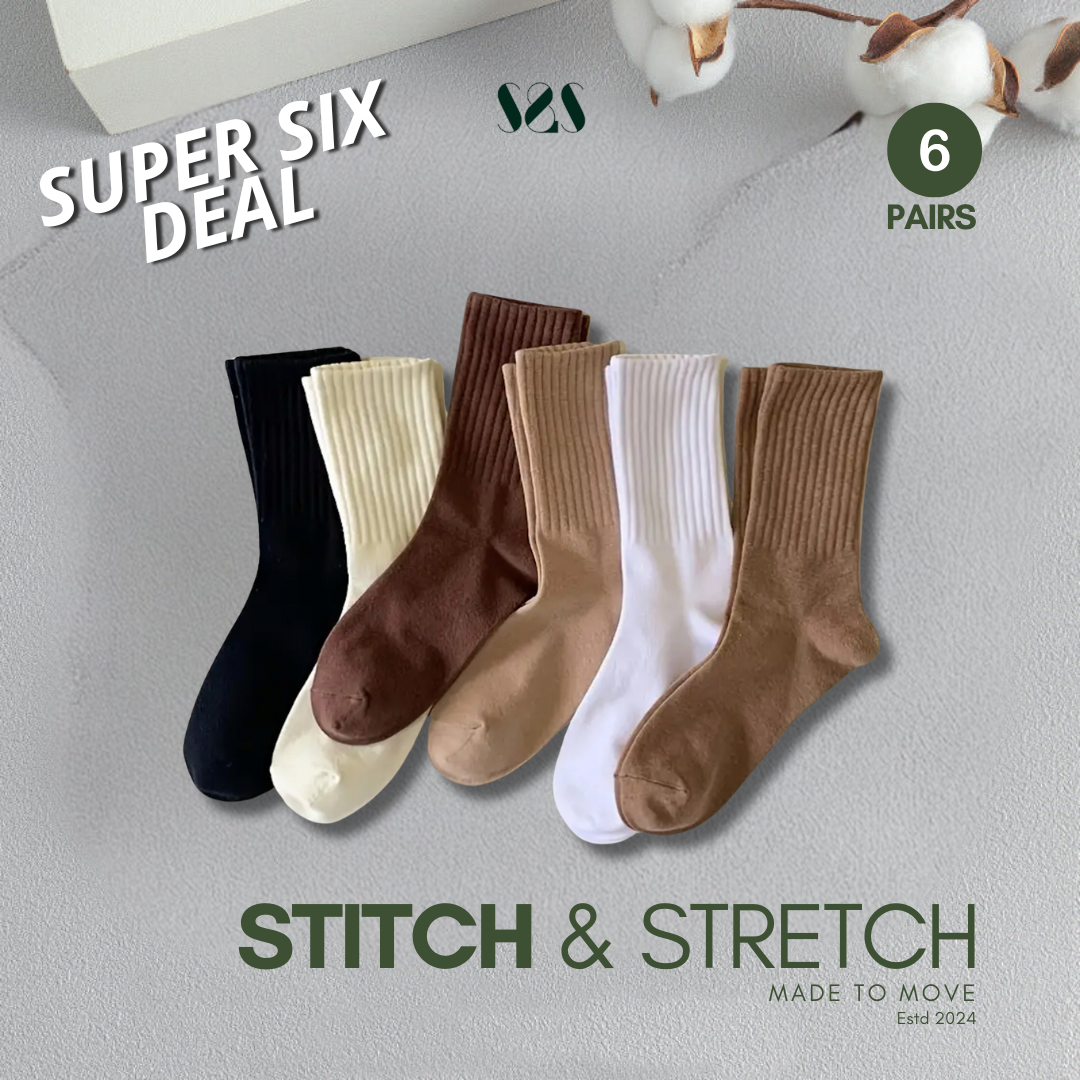 Crew Socks for Men & Women, Plain Winter Socks, Ribbed Cuffs, Soft Cotton Blend, Breathable & Warm, Daily Wear Socks for Office, Home & Travel (Pack of 6)