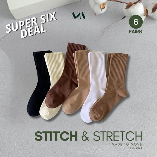 Crew Socks for Men & Women, Plain Winter Socks, Ribbed Cuffs, Soft Cotton Blend, Breathable & Warm, Daily Wear Socks for Office, Home & Travel (Pack of 6)