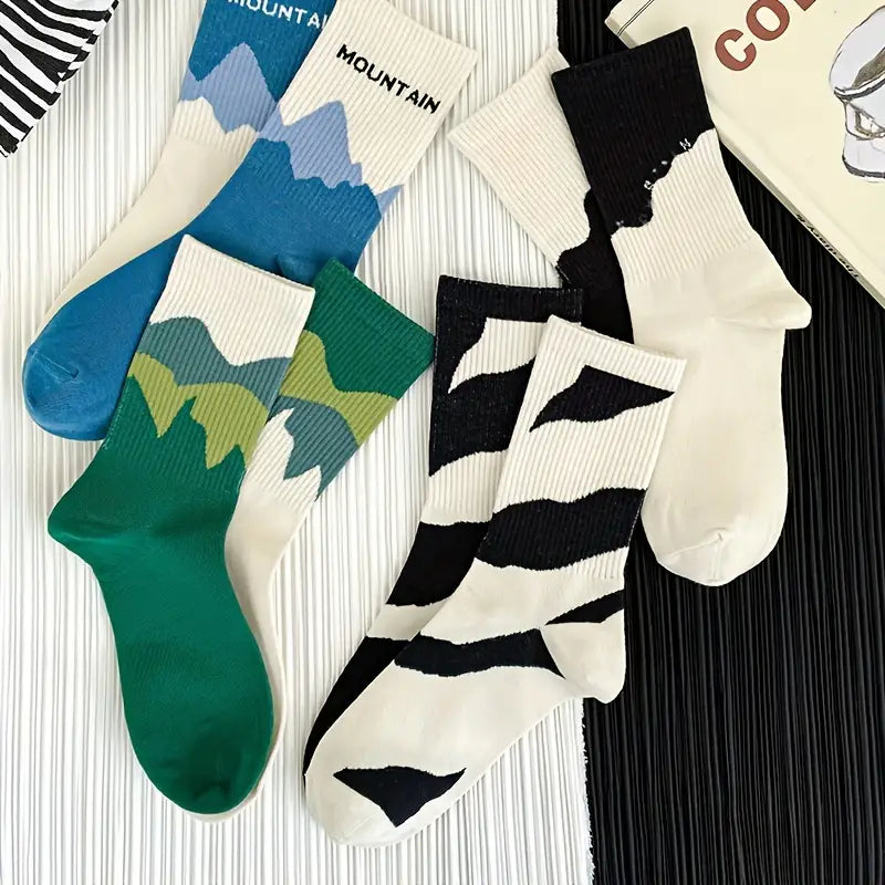 Crew Socks for Men & Women, Mountain Art Design Socks, Ribbed Cuffs, All-Season Breathable Cotton Blend, Casual Outdoor Sportswear Socks, Mountain-Themed Crew Socks