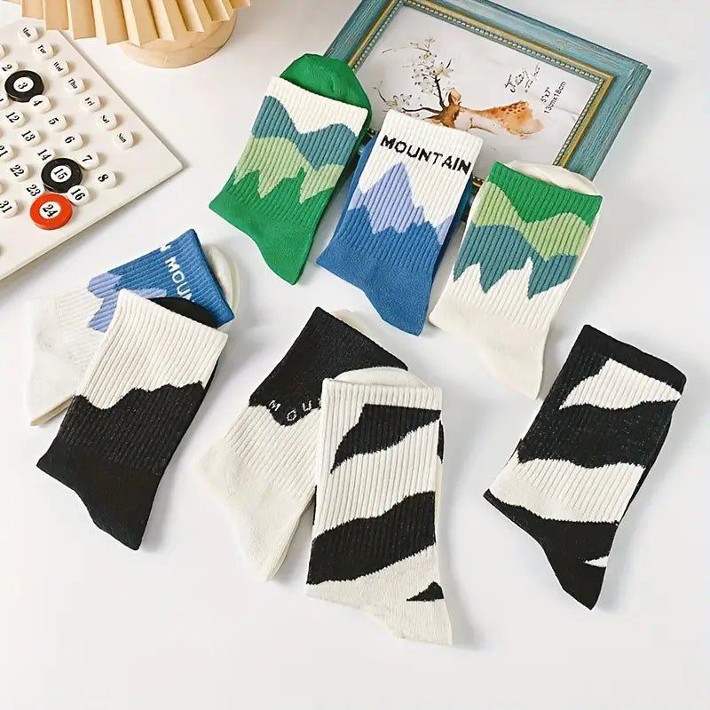 Crew Socks for Men & Women, Mountain Art Design Socks, Ribbed Cuffs, All-Season Breathable Cotton Blend, Casual Outdoor Sportswear Socks, Mountain-Themed Crew Socks