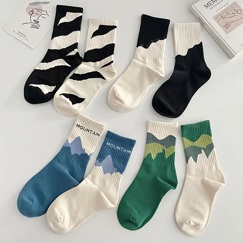 Crew Socks for Men & Women, Mountain Art Design Socks, Ribbed Cuffs, All-Season Breathable Cotton Blend, Casual Outdoor Sportswear Socks, Mountain-Themed Crew Socks