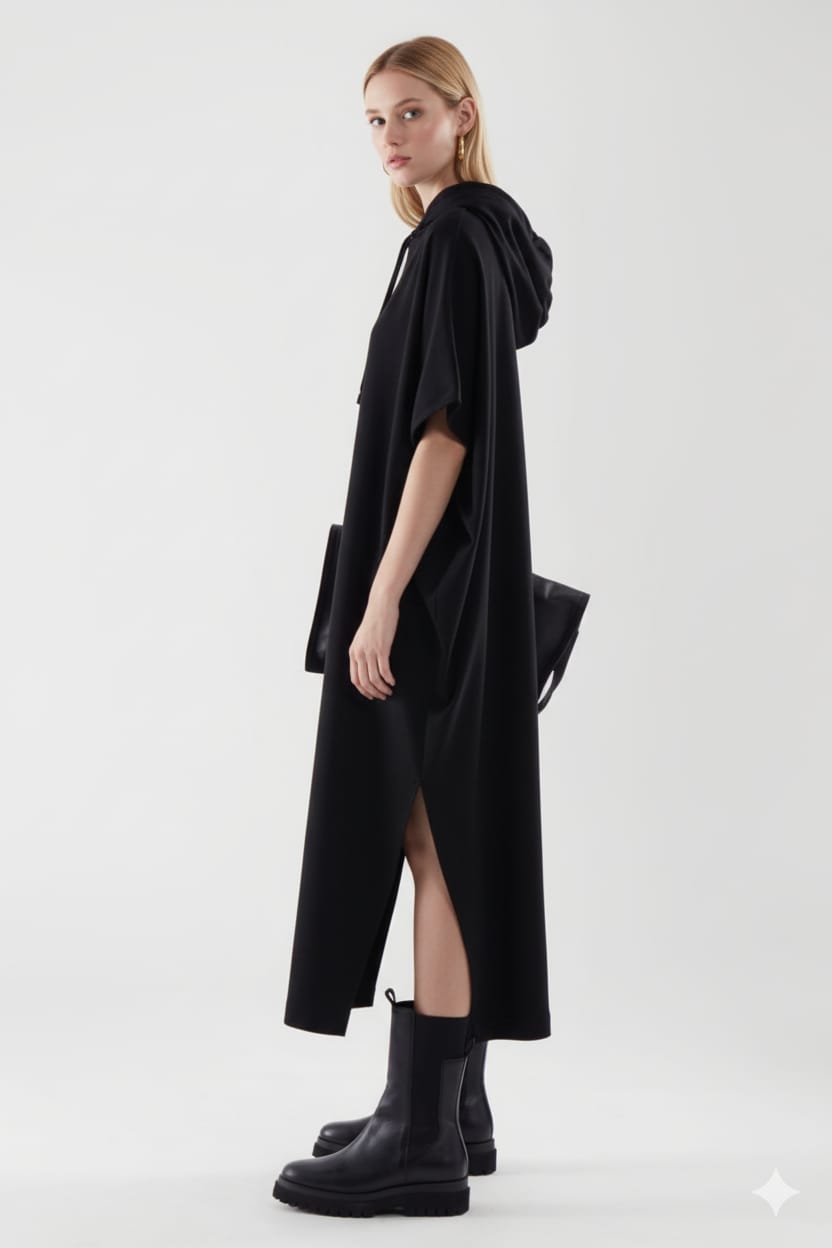 Women’s Oversized Black Hoodie Dress | Casual Maxi T-Shirt Dress with Pockets