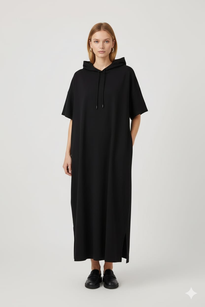 Women’s Oversized Black Hoodie Dress | Casual Maxi T-Shirt Dress with Pockets