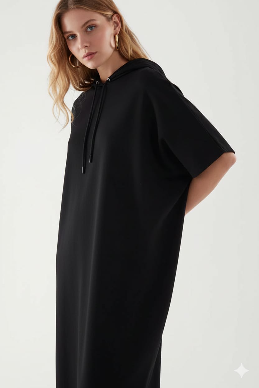 Women’s Oversized Black Hoodie Dress | Casual Maxi T-Shirt Dress with Pockets