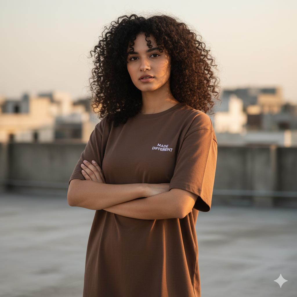 Women’s Oversized Drop-Shoulder T-Shirt Dress – Brown | “Made Different” Print
