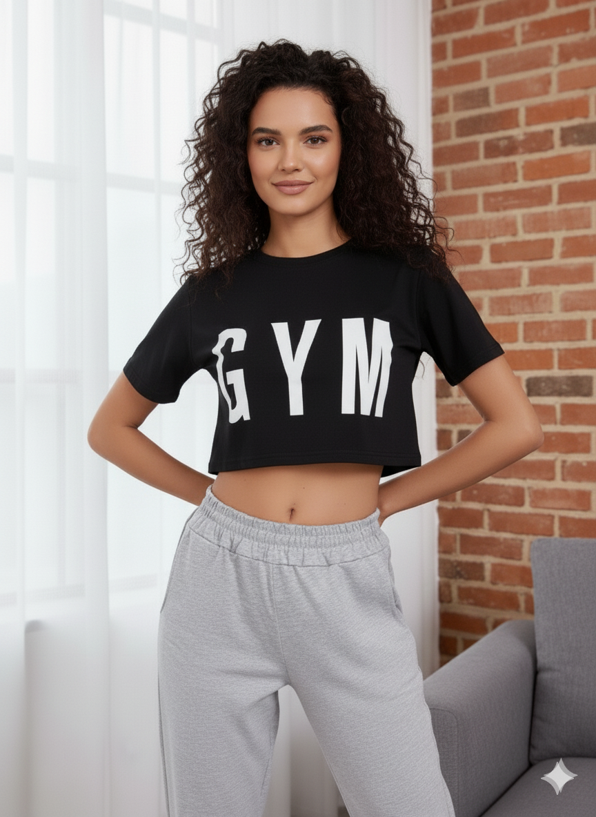 Women’s Cropped T-Shirt – Black | Bold “GYM” Print