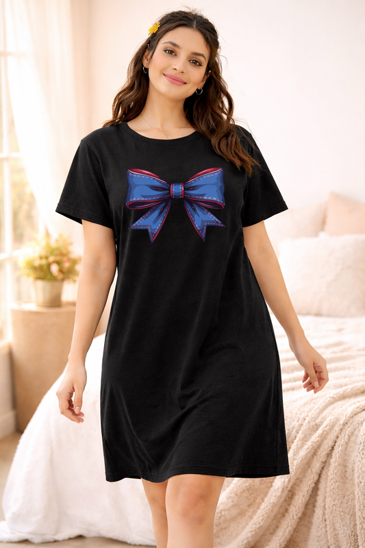 Women’s Oversized Night Dress – Bow Print Relaxed Fit (Black)