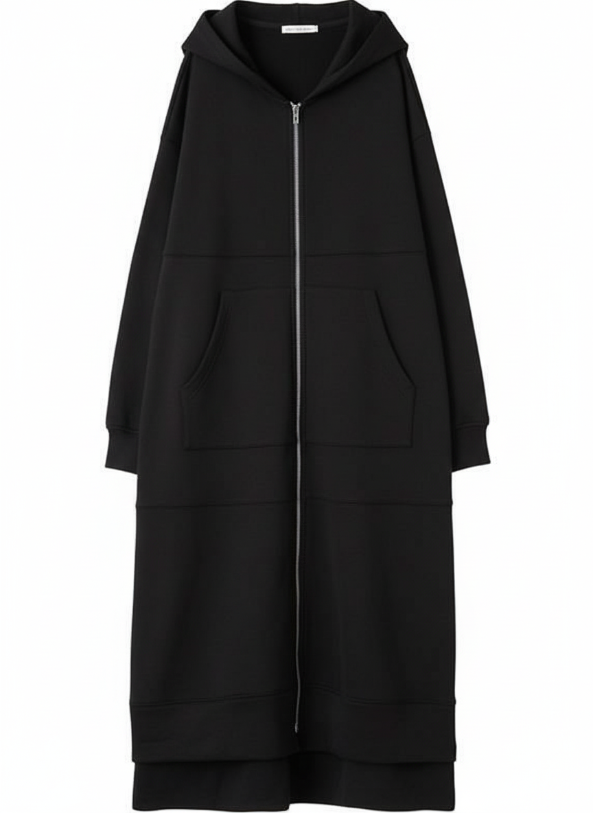 Women’s Long Black Hoodie Coat | Full-Zip Maxi Hoodie with Pockets | Casual Streetwear