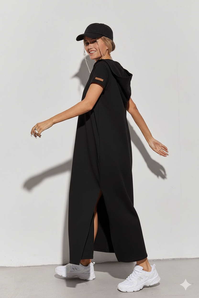 Women's Hooded Short Sleeve Maxi Dress with Side Slits - Casual & Comfortable Long Dress