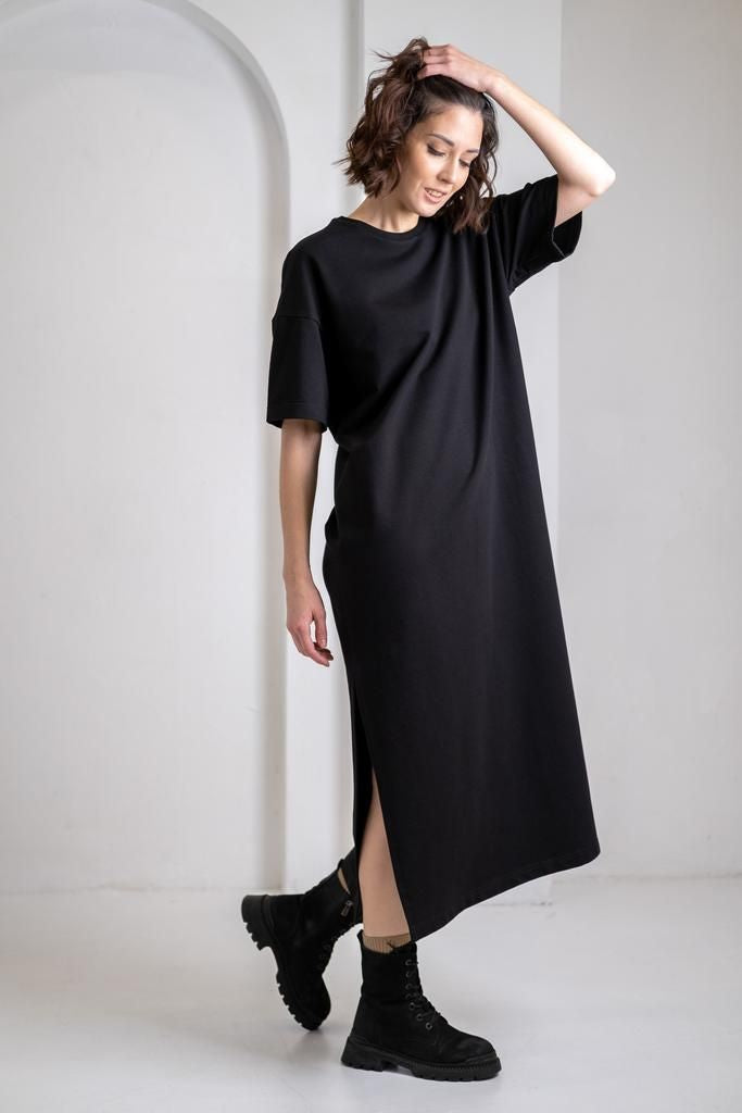 Effortless Everyday Elegance  | Black Winter Cotton Terry Maxi Dress