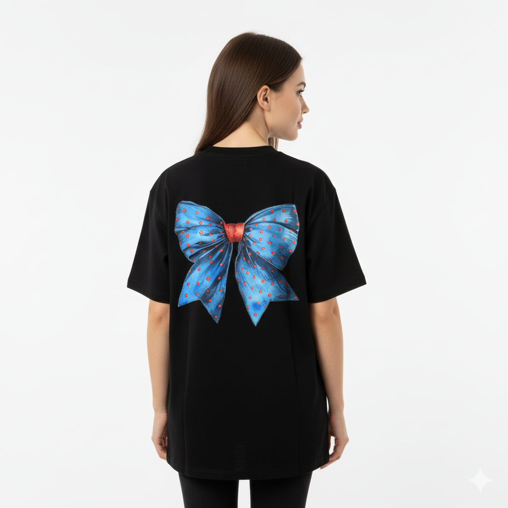 Black Cotton Terry Oversized Tee with Stylish blue polka dot Bow Print
