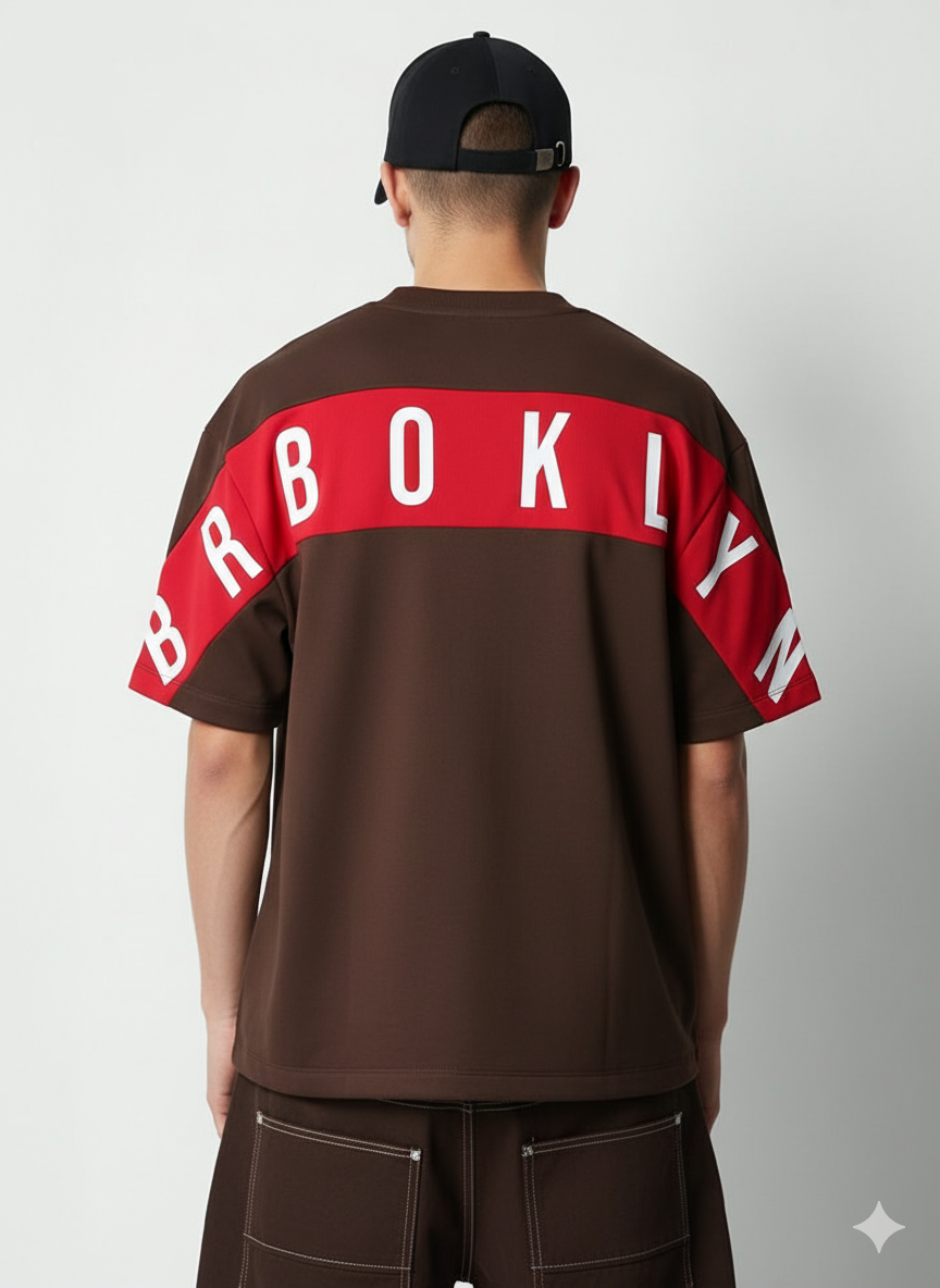 Men’s Oversized Drop-Shoulder T-Shirt – Black & Red | “BROKLYN” Back Print