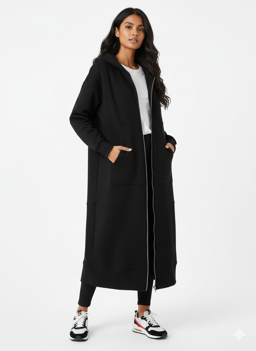 Women’s Long Black Hoodie Coat | Full-Zip Maxi Hoodie with Pockets | Casual Streetwear