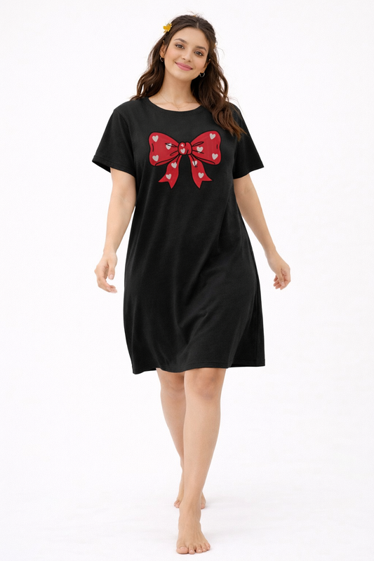 Women’s Oversized Night Dress – Bow Print Relaxed Fit (Black)