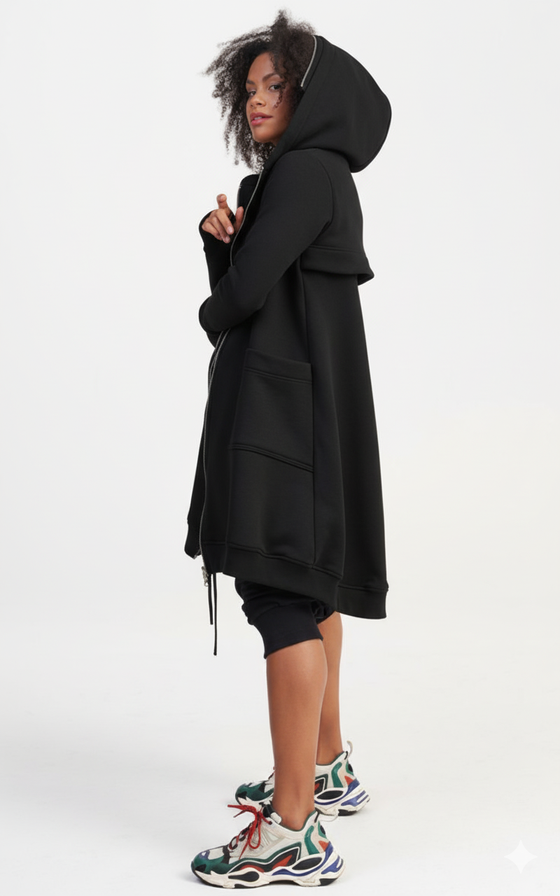 Women’s Longline Beige Hoodie | Oversized Zip-Up Hooded Jacket with Pockets | Casual Streetwear