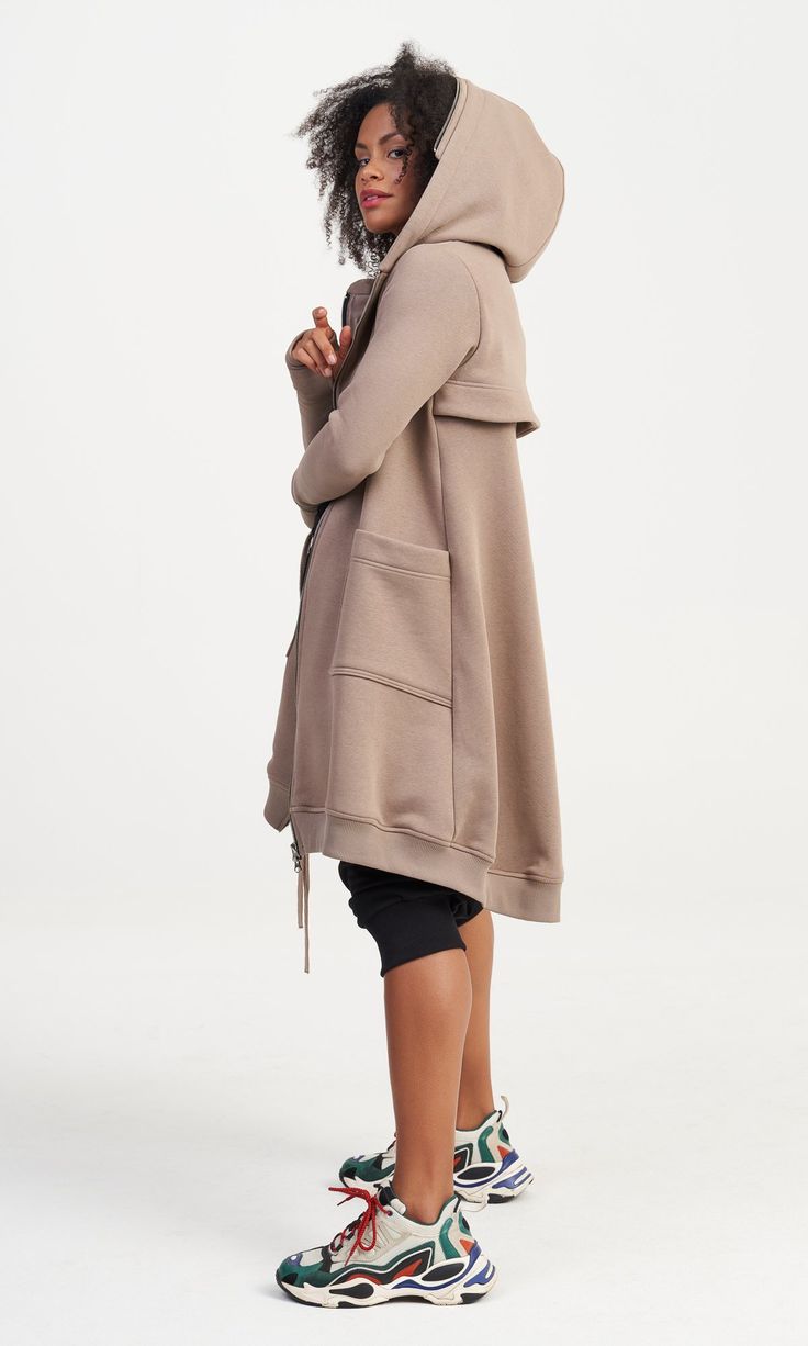 Women’s Longline Beige Hoodie | Oversized Zip-Up Hooded Jacket with Pockets | Casual Streetwear