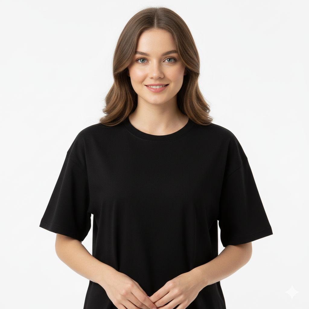 Black Cotton Terry Oversized Tee with Stylish blue Bow Print