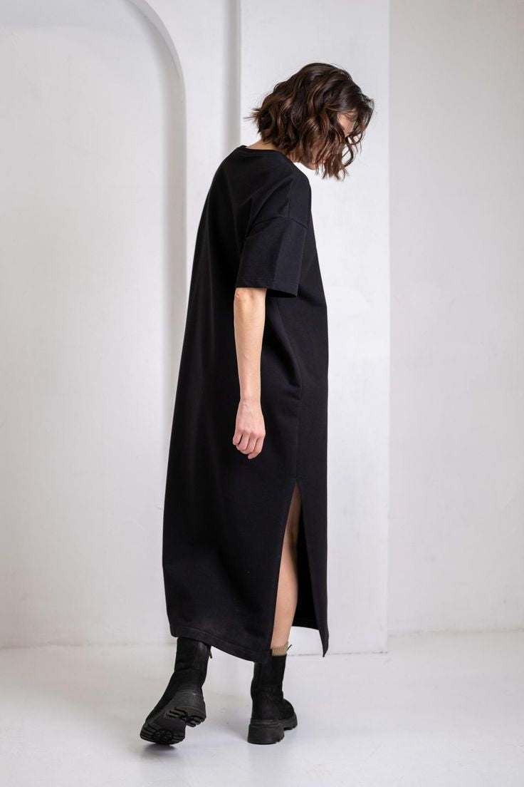 Effortless Everyday Elegance  | Black Winter Cotton Terry Maxi Dress