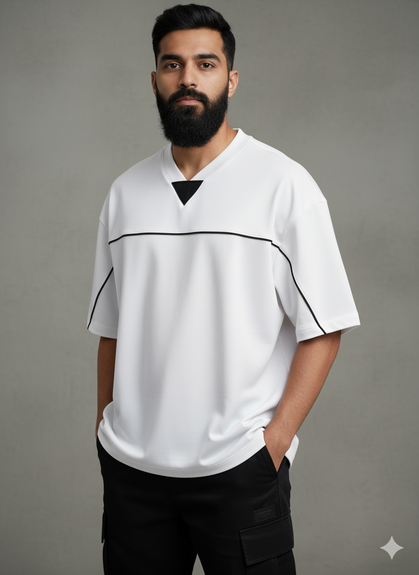 Oversized V-Neck Panel T-Shirt for Men – Streetwear Comfort & Style