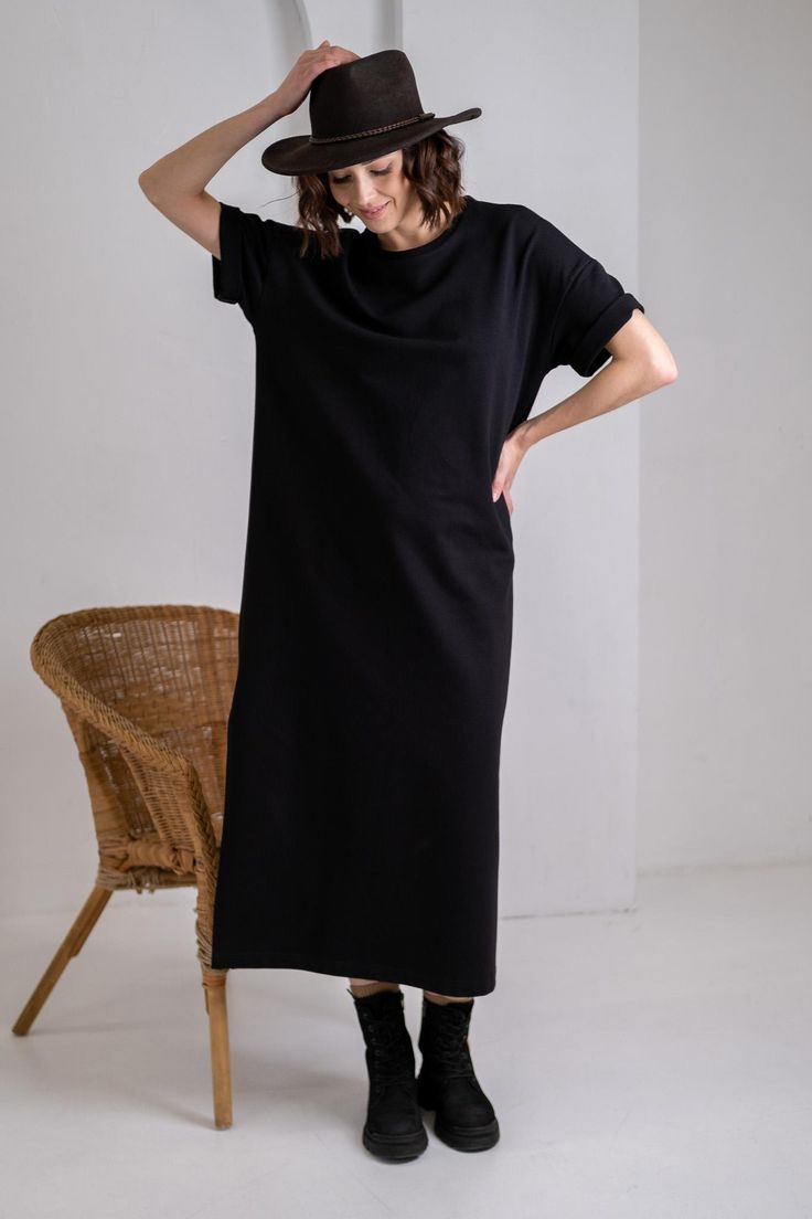 Effortless Everyday Elegance  | Black Winter Cotton Terry Maxi Dress