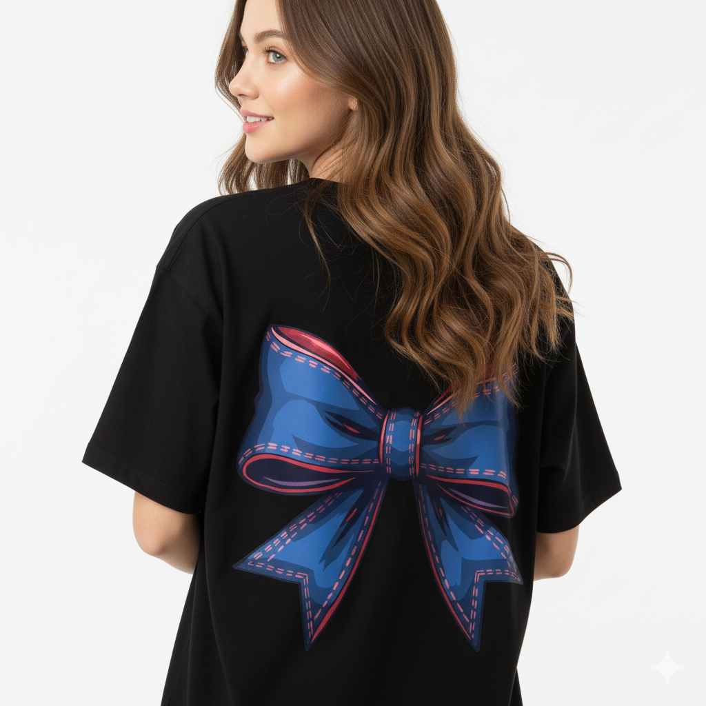 Black Cotton Terry Oversized Tee with Stylish blue Bow Print