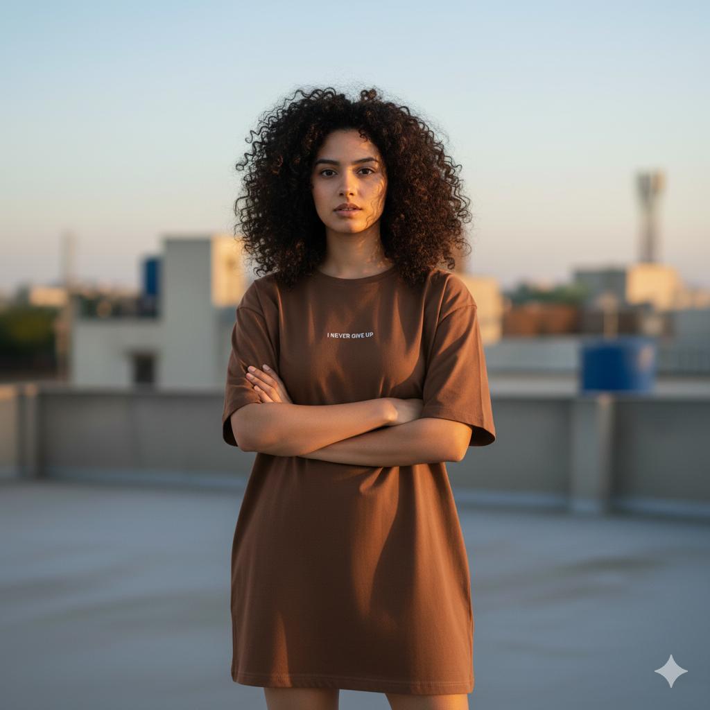 Women’s Oversized Drop-Shoulder T-Shirt Dress – Brown | “I don't like waiting ” Print