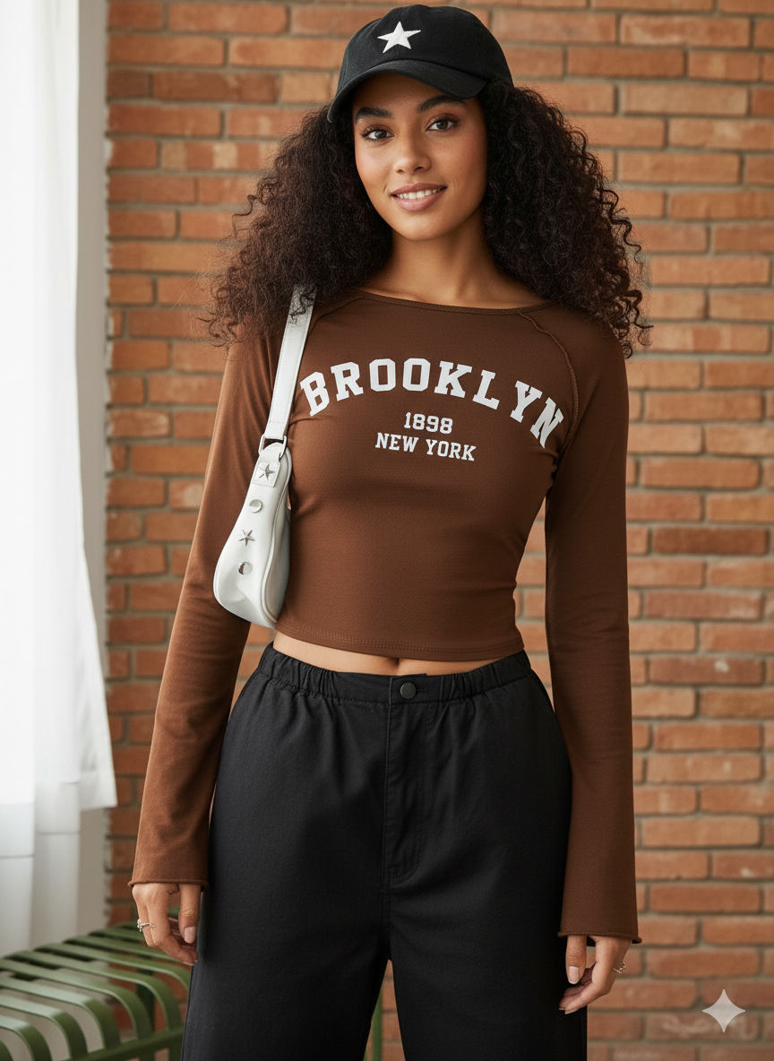 Women’s Long-Sleeve Crop Top – Navy Blue | “Brooklyn 1898 New York” Print.
