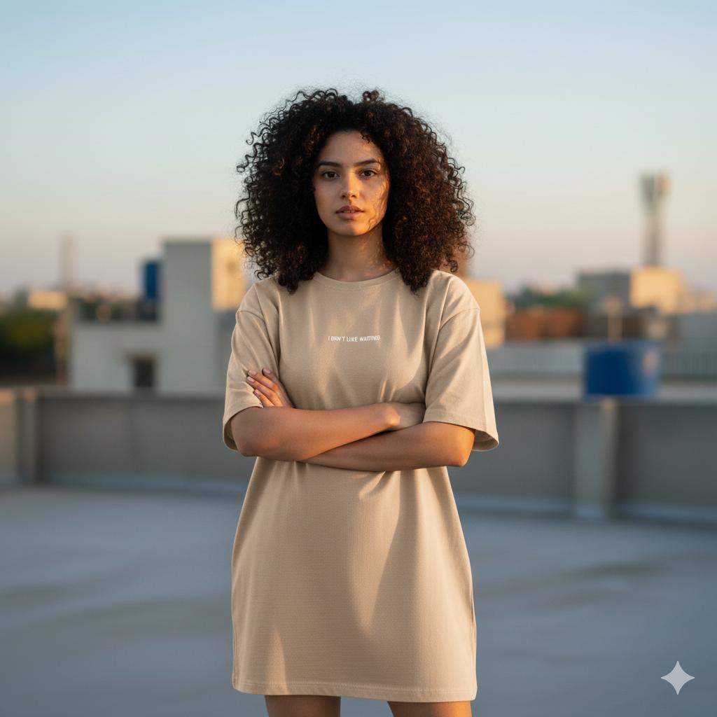 Women’s Oversized Drop-Shoulder T-Shirt Dress – Brown | “I don't like waiting ” Print
