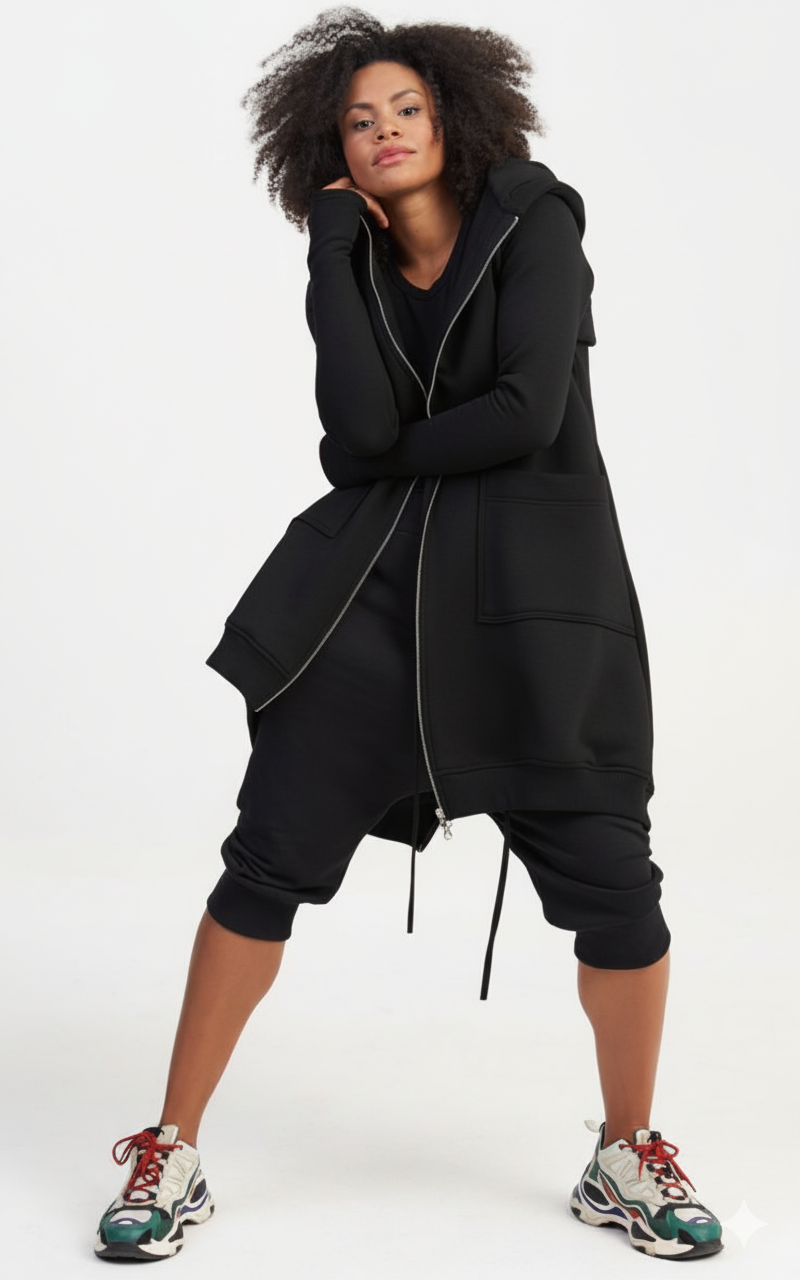 Women’s Longline Beige Hoodie | Oversized Zip-Up Hooded Jacket with Pockets | Casual Streetwear