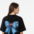 Black Cotton Terry Oversized Tee with Stylish blue polka dot Bow Print