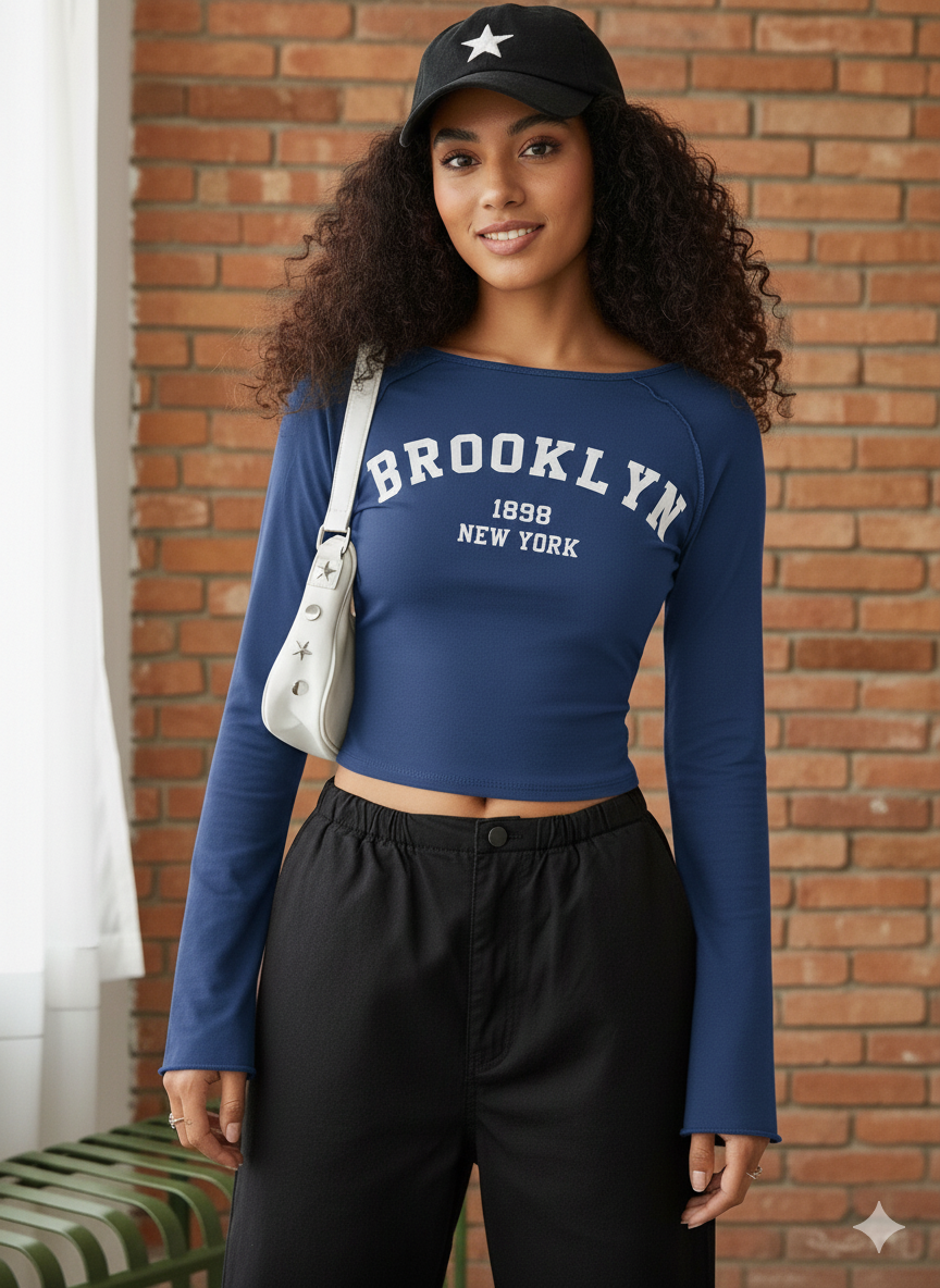 Women’s Long-Sleeve Crop Top – Navy Blue | “Brooklyn 1898 New York” Print.