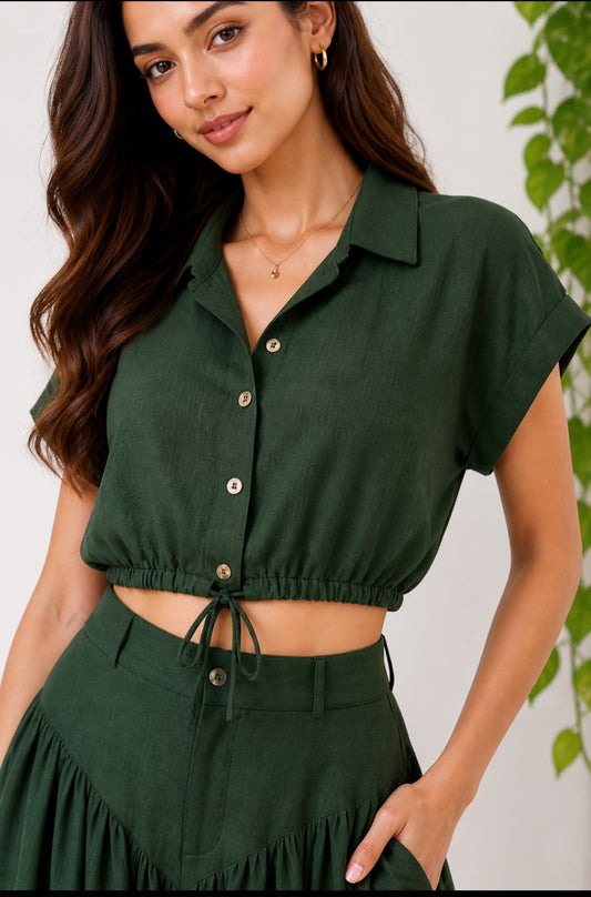 Cotton Bottle-green flared cord-set ( crop loose shirt & pant)