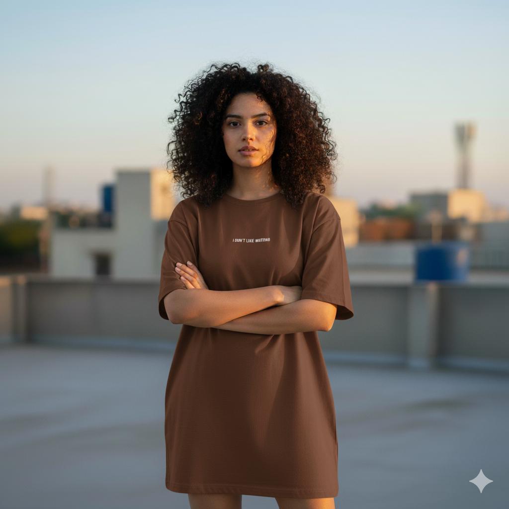 Women’s Oversized Drop-Shoulder T-Shirt Dress – Brown | “I don't like waiting ” Print