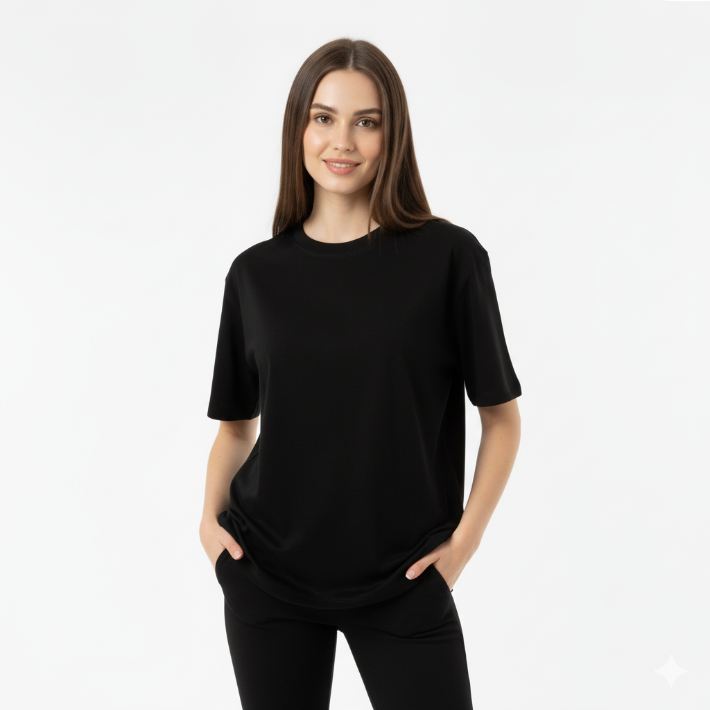 Black Cotton Terry Oversized Tee with Stylish blue polka dot Bow Print
