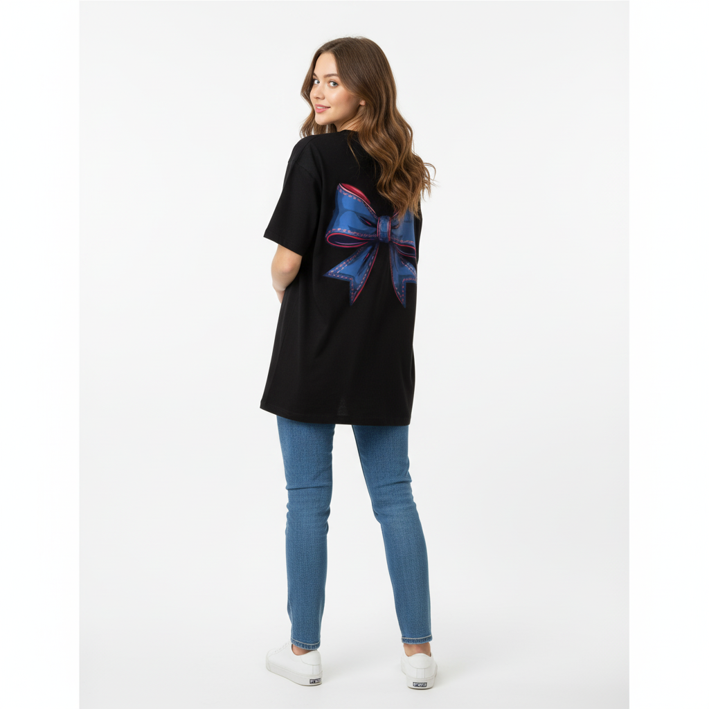 Black Cotton Terry Oversized Tee with Stylish blue Bow Print