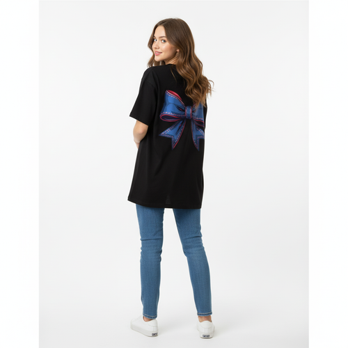 Black Cotton Terry Oversized Tee with Stylish blue Bow Print