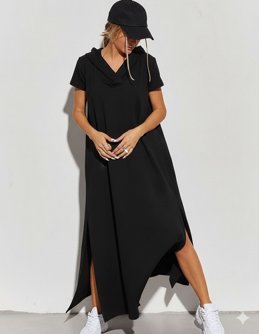 Women's Hooded Short Sleeve Maxi Dress with Side Slits - Casual & Comfortable Long Dress