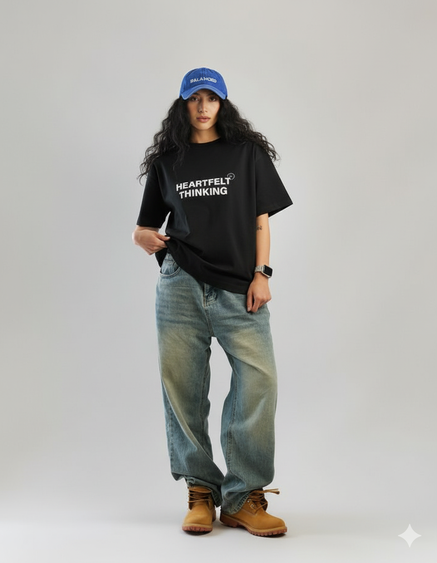 Unisex Oversized T-Shirt – Black | “Heartfelt Thinking” Print