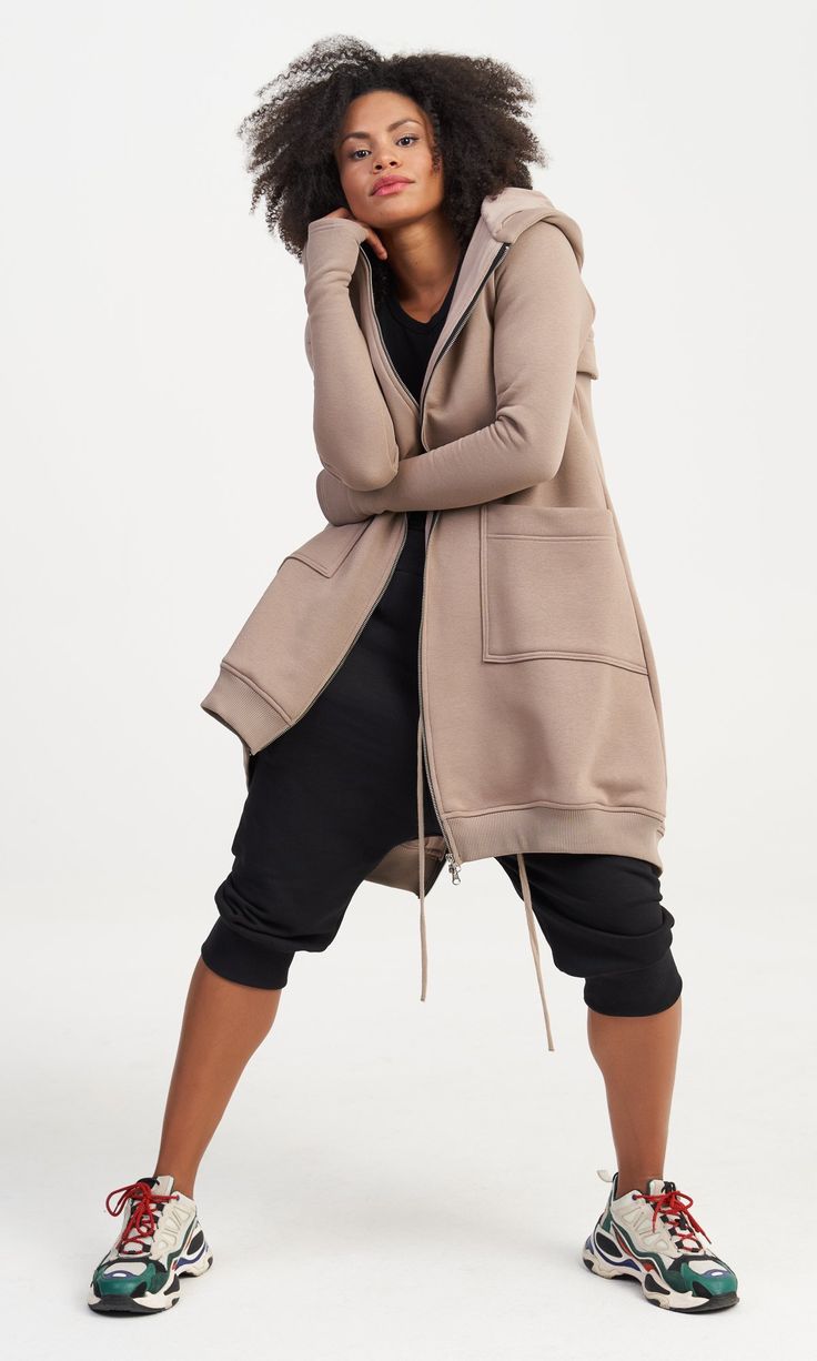 Women’s Longline Beige Hoodie | Oversized Zip-Up Hooded Jacket with Pockets | Casual Streetwear