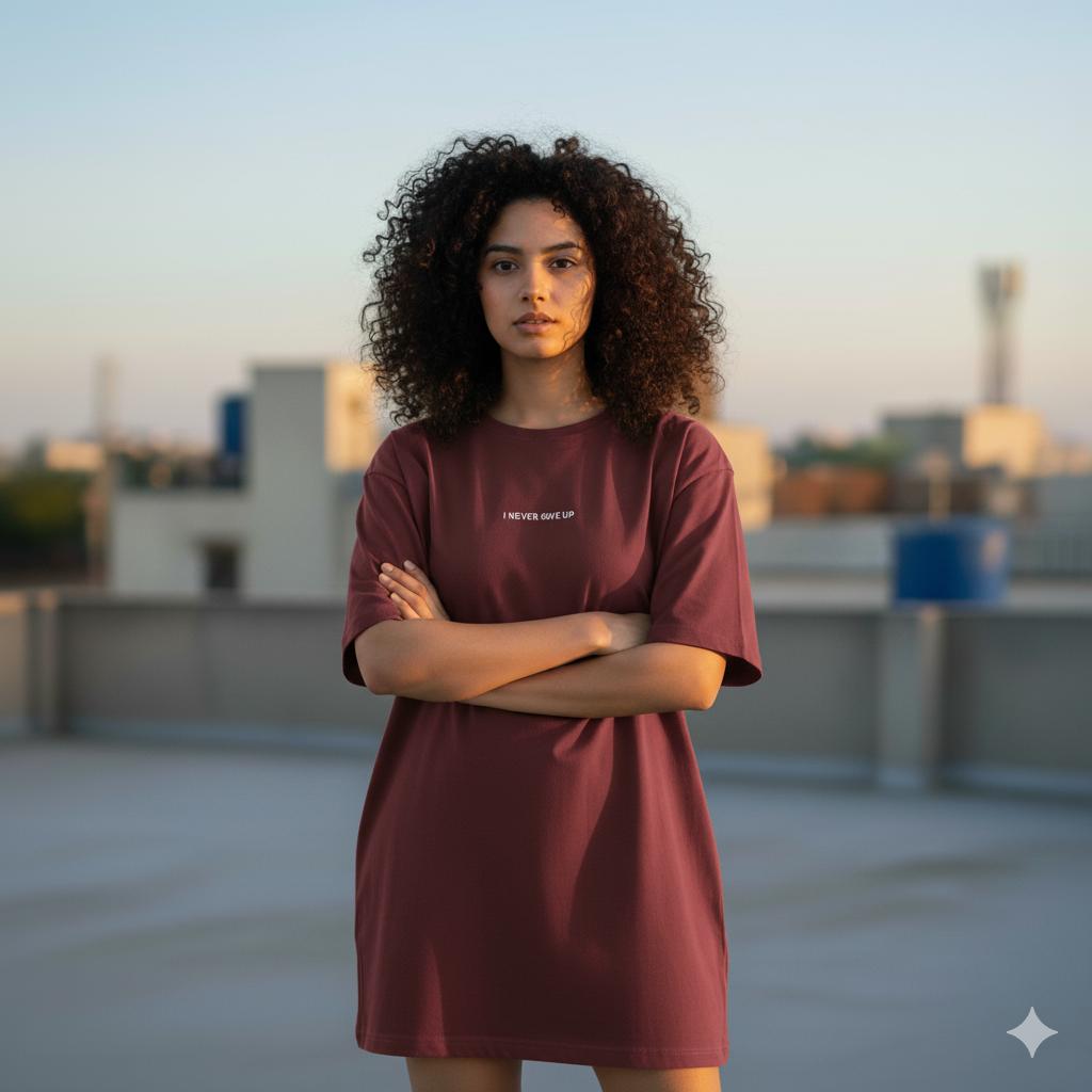 Women’s Oversized Drop-Shoulder T-Shirt Dress – Brown | “I don't like waiting ” Print