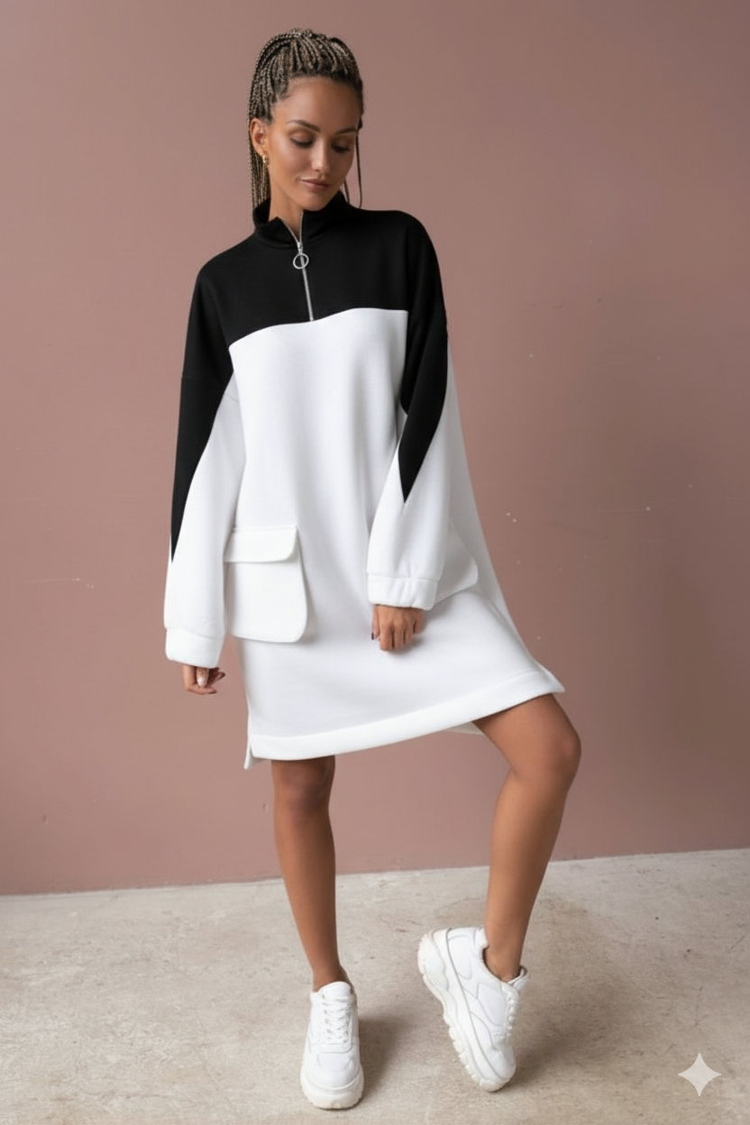 Women’s Sweatshirt Dress | Long Sleeve Zip-Up Casual Dress with Pockets