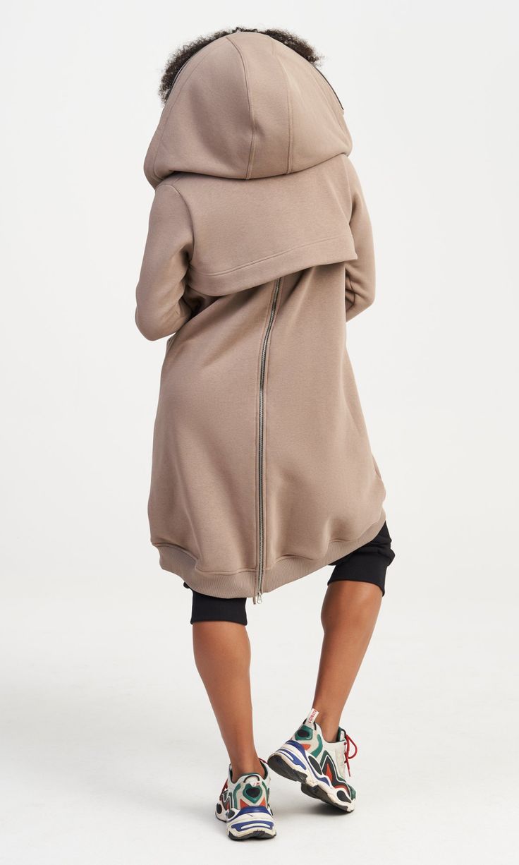 Women’s Longline Beige Hoodie | Oversized Zip-Up Hooded Jacket with Pockets | Casual Streetwear