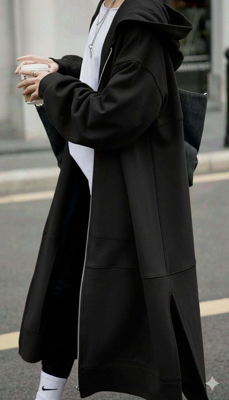Women’s Long Black Hoodie Coat | Full-Zip Maxi Hoodie with Pockets | Casual Streetwear