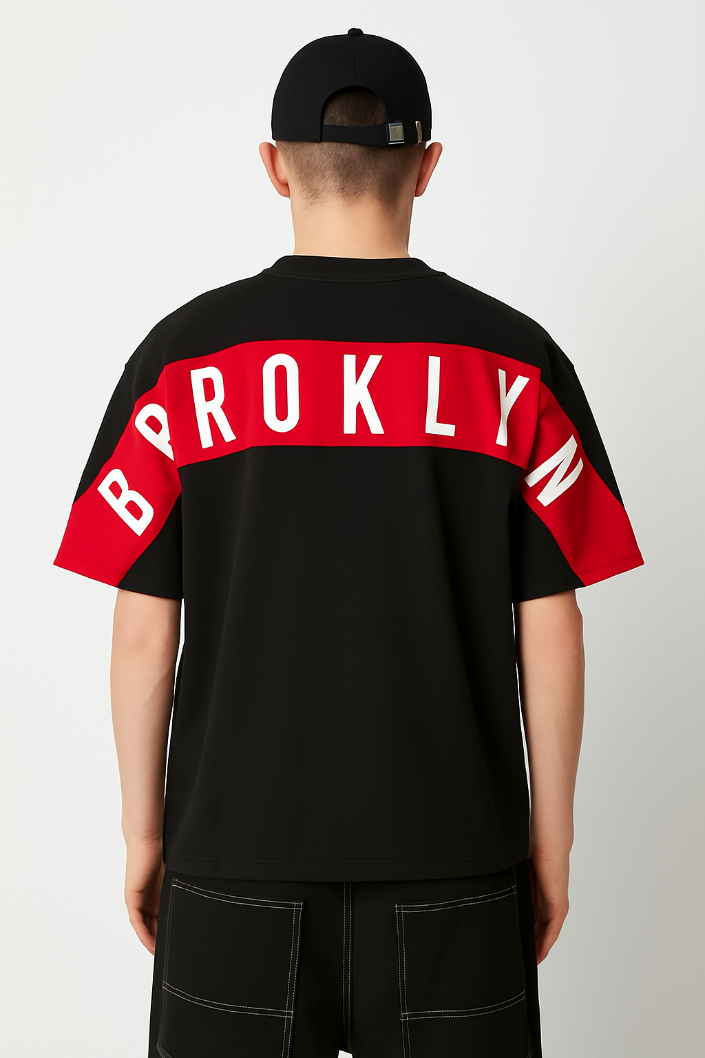 Men’s Oversized Drop-Shoulder T-Shirt – Black & Red | “BROKLYN” Back Print